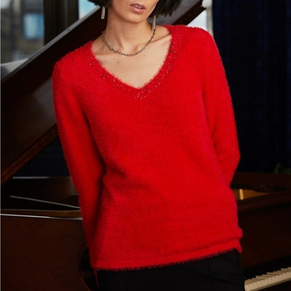 Elena Wang Vibrant Red Eye-Lash V-Neck Jeweled Sweater Women Small NWT